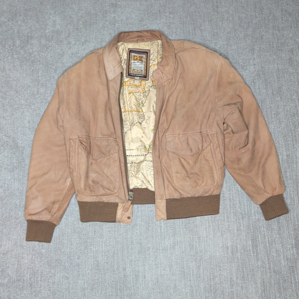 Vintage G-III Global Identity Tan Leather Bomber Jacket Map Lining Mens Small